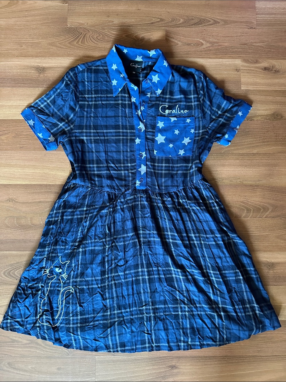 Her Universe Coraline Blue Plaid Midi Dress with Star Pocket
